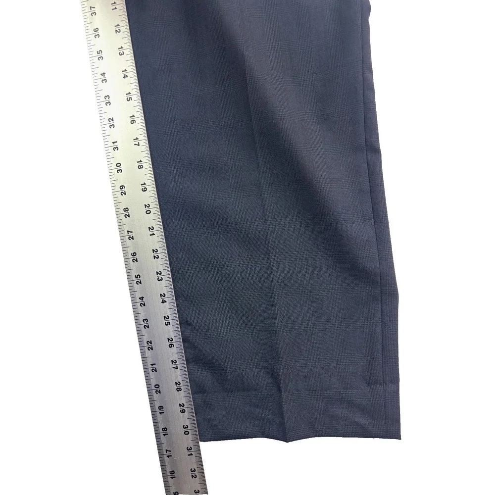 vtg 90s Navy Blue Glen Plaid 36x30 Dress Suit Pants 100% Wool Trouser Wide Leg‎